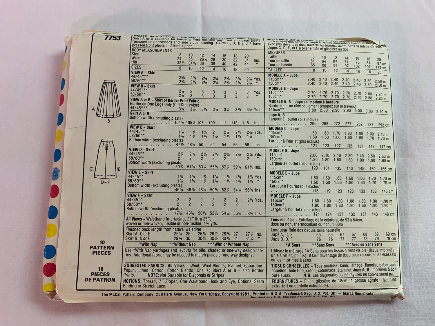 McCall's Sewing Pattern 7753 Misses' Skirt, Two Lengths, Waistline, Back Zipper, Pleats, Size 8-12, Uncut, Vintage 1999