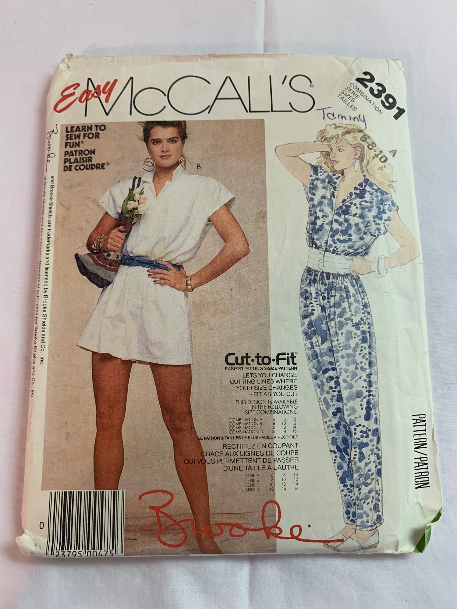 McCall's Sewing Pattern 2391 Misses' Jumpsuit, Sleeveless, Pockets, Two Lengths, Shoulder Pads, Size 6-10, Uncut, Vintage 1986