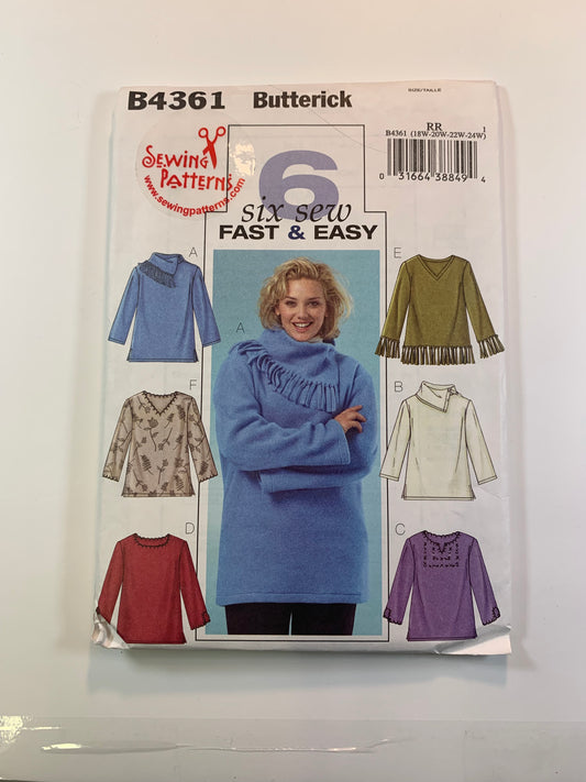 Butterick B4361 Misses'/Miss Petite Top, Size 18W-24, Uncut, 2004