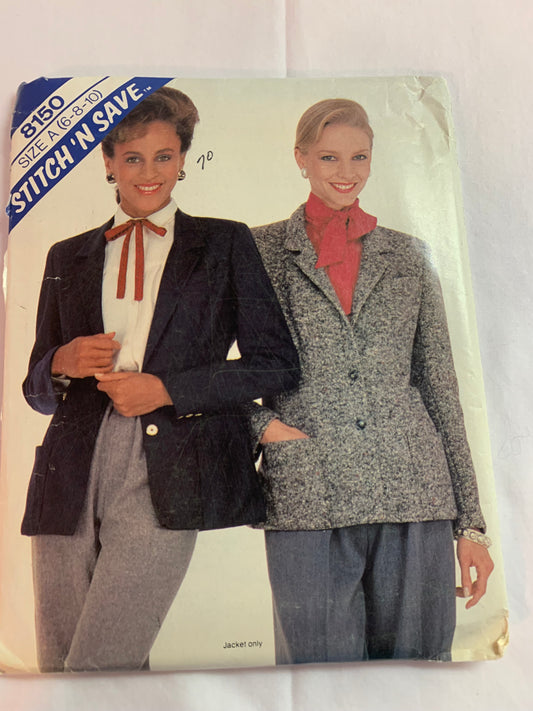 McCall's Stitch 'N Save Sewing Pattern 8150 Misses' Jacket, Lined, Button Front, Pockets, Collar, Shoulder Pads, Size 6-10, Uncut, Vintage 1982