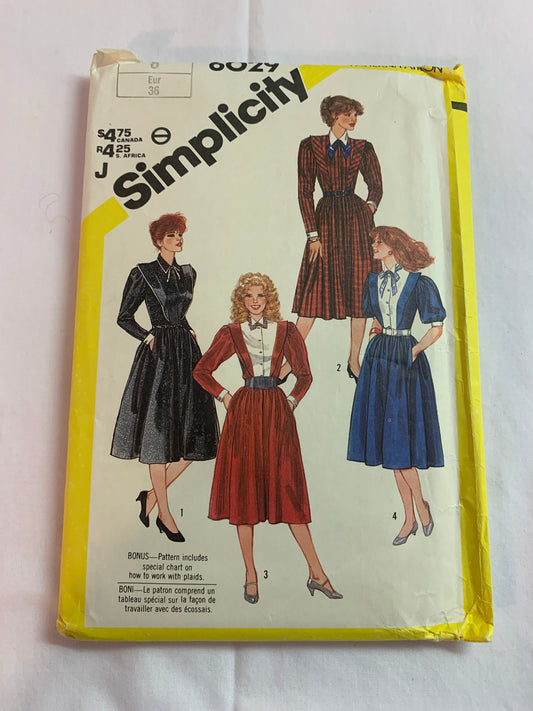 Simplicity Sewing Pattern 6029 Misses' Dresses, Long Sleeves, Princess Seams, Collar, Pockets, Size 8, Uncut, Vintage 1983