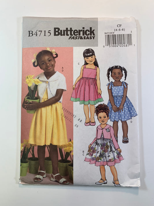 Butterick B4715 Toddler's Girls' Jacket, Dress, Size 4-6, Uncut, 2006