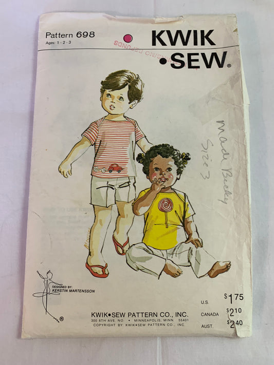 KWIK Sewing Pattern 698 Toddlers' T-Shirt, Knit And Stretch Fabric, Short Sleeves, Transfers Missing, Size 1-3, Uncut, Vintage 1980