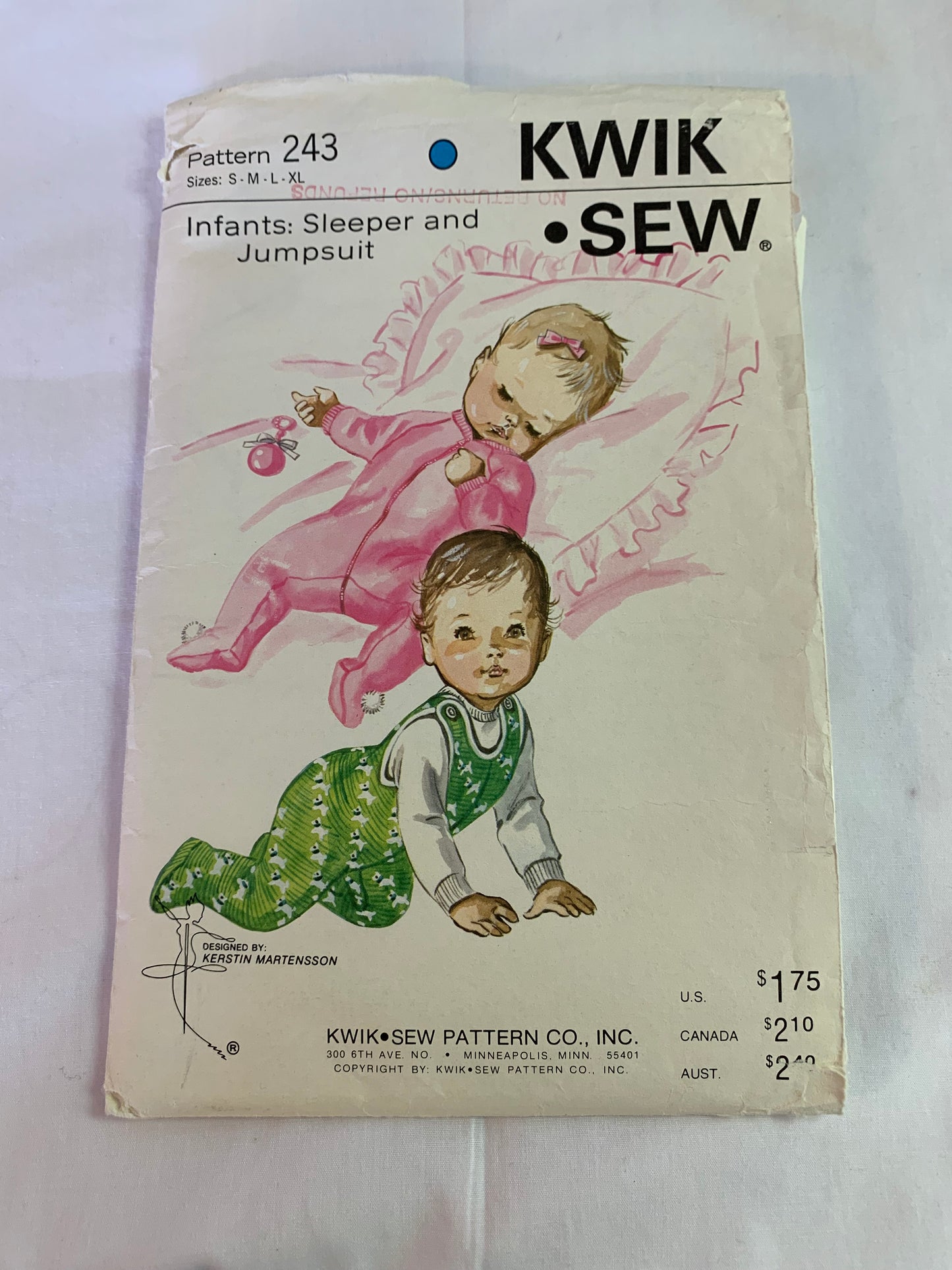 KWIK Sewing Pattern 243 Baby/Infants Sleeper, Jumpsuit, Zipper Front, One Piece, Long Sleeves, Size 0-18 Months, Uncut, Vintage 1999