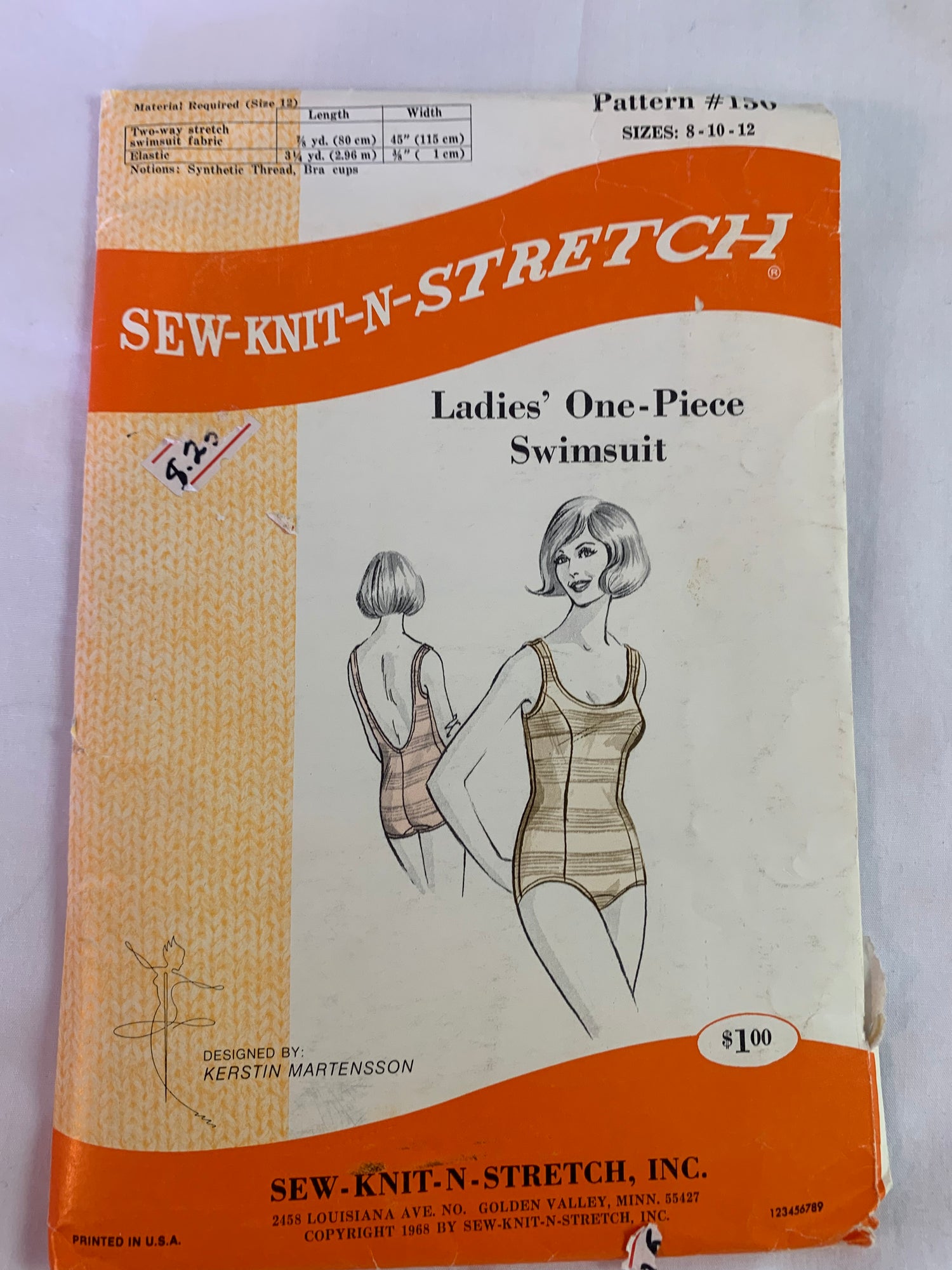 Sew-Knit-N-Stretch Sewing Pattern 150, Ladies Swimsuit, One Piece Bathing Suit, Size 8-12, Uncut, Vintage 1968