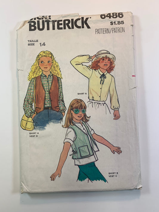 Butterick 6486 Girls' Vest, Shirt, Size 14, Cut, Vintage 1980