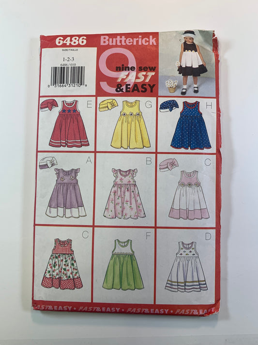 Butterick 6486 Girls' Dress, Size 1-3, Uncut, Vintage 1999