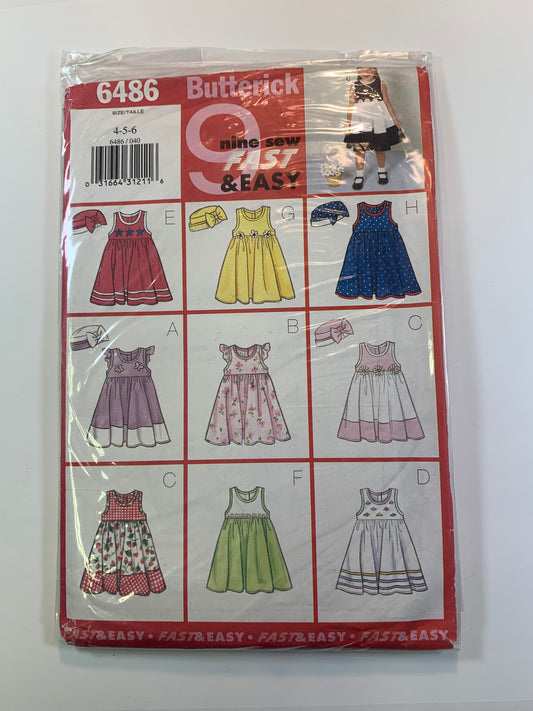 Butterick 6486 Girls' Dress, Hat, Size 4-6, Uncut, Vintage 1999