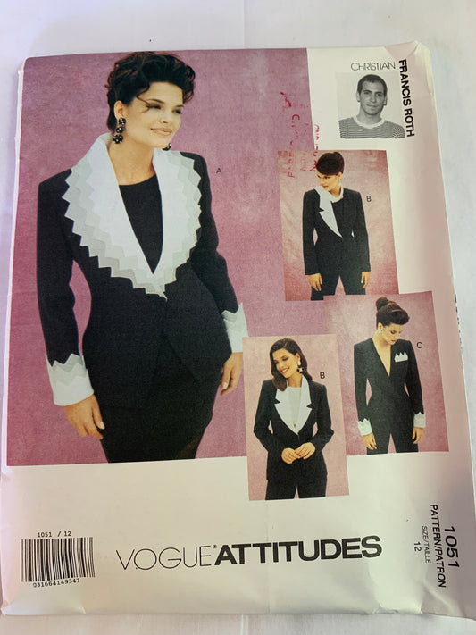 Vogue Sewing Pattern 1051 Misses' Jacket, Long Sleeves, Semi-Fitted, Shoulder Pads, Princess Seams, Collar Size 12, Uncut, Vintage 1992