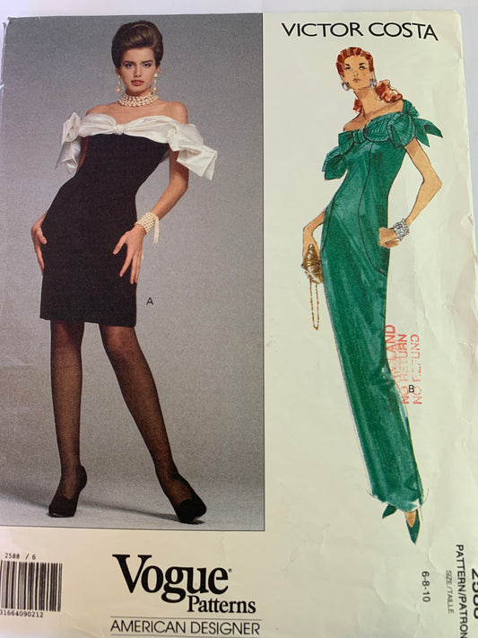 Vogue Victor Costa Sewing Pattern 2588 Misses'/Misses' Petite Dress, Close-Fitting, Two Lengths, Zipper Back, Size 6-10, Uncut, Vintage 1990
