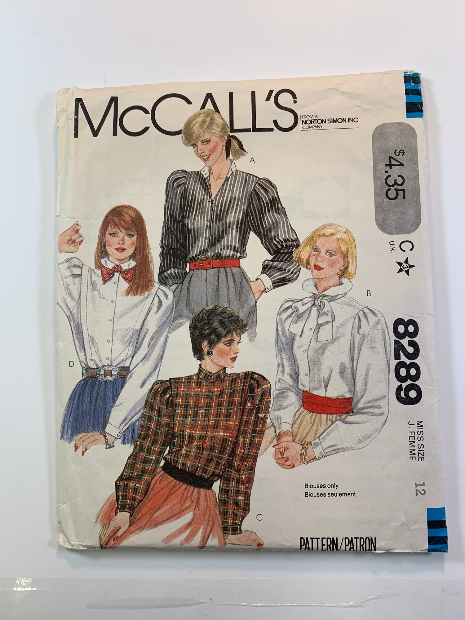 McCall's 8289 Misses' Blouse, Size 12, Cut, Vintage 1982