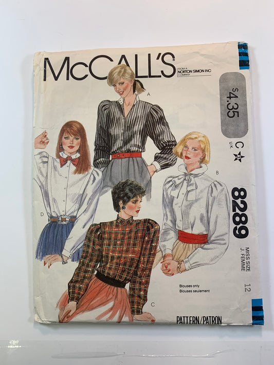 McCall's 8289 Misses' Blouse, Size 12, Cut, Vintage 1982