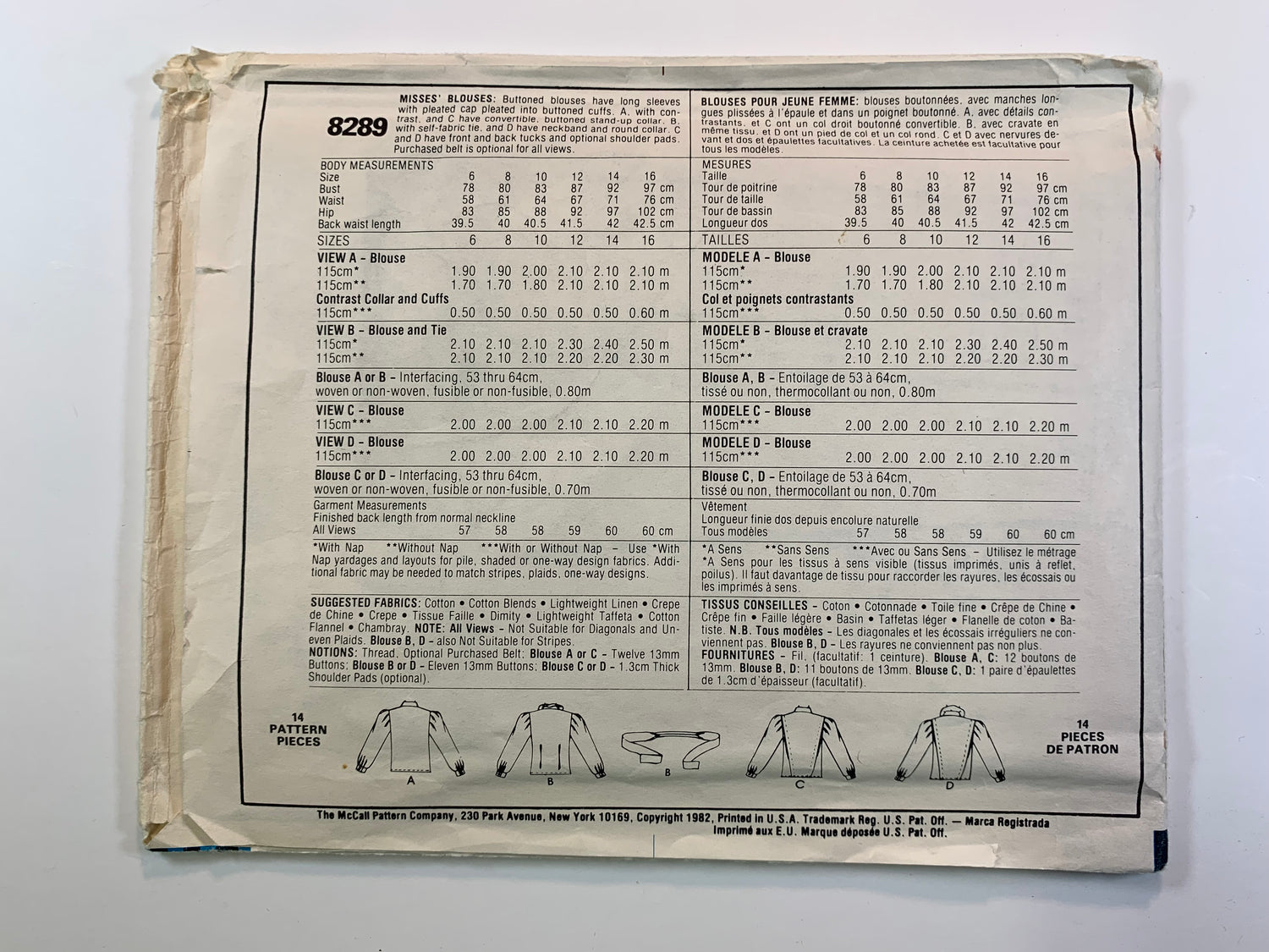 McCall's 8289 Misses' Blouse, Size 12, Cut, Vintage 1982
