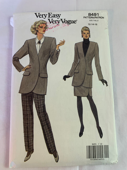 Vogue Sewing Pattern 8491 Misses'/Misses' Petite Jacket, Skirt, Pants, Loose-Fitting, Lined, Shoulder Pads, Tapered, Zipper Back, Size 12-16, Uncut, Vintage 1992