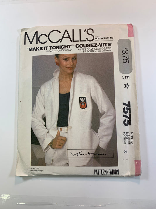 McCall's 7575 Misses' Jacket, Size 8, Cut, Vintage 1981