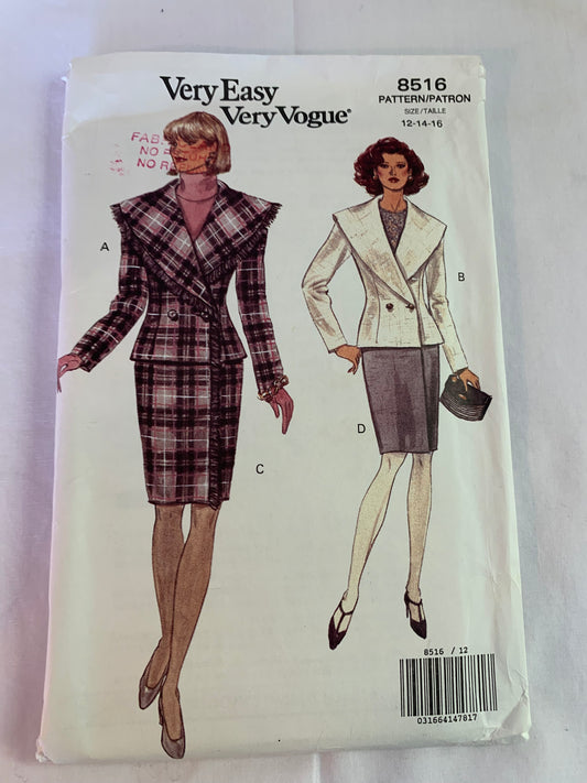 Vogue Sewing Pattern 8516 Misses' Jacket, Skirt, Loose-Fitting, Unlined, Double Breasted, Pockets, Shoulder Pads, Long Sleeves, Size 12-14, Uncut, Vintage 1992