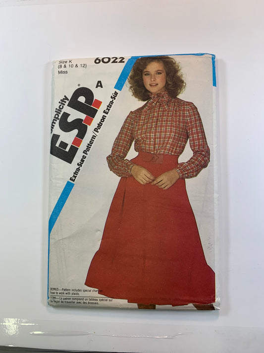 Simplicity 6022 Blouse, Skirt, Size 8-12, Uncut, Vintage 1983