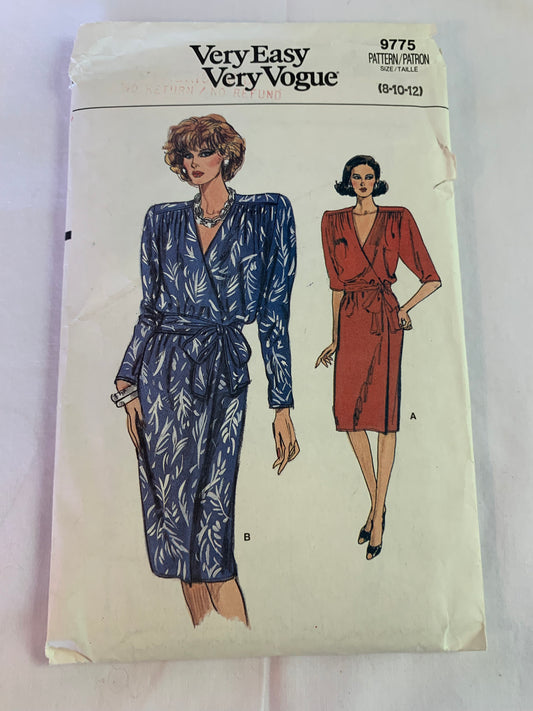 Vogue Sewing Pattern 9775 Misses' Dress, Tie Inside, Long/Short Sleeves, Wrap, Loose-Fitting, Shoulder Pads, Size 8-12, Uncut, Vintage 1986
