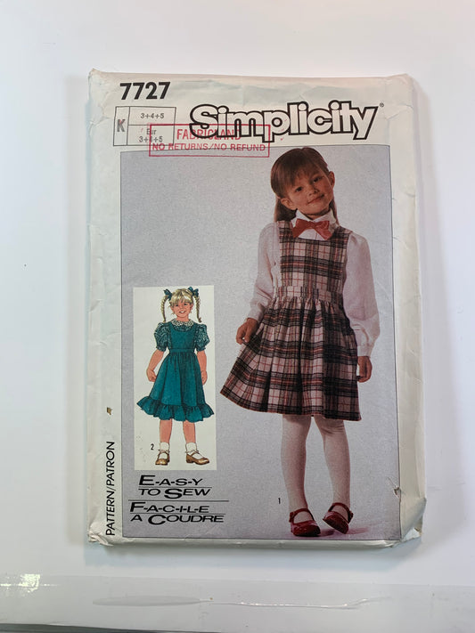 Simplicity 7277 Girls' Blouse, Jumper, Size 3-5, Uncut, Vintage 1986