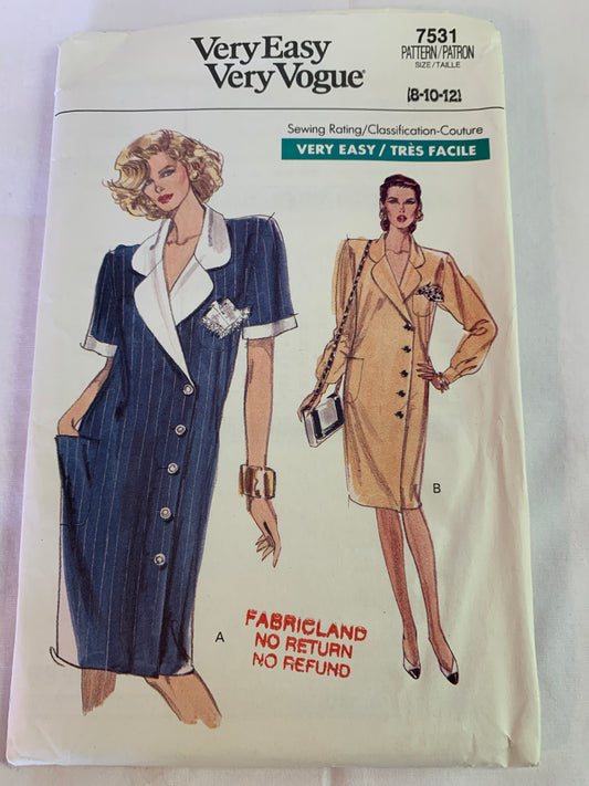 Vogue Sewing Pattern 7531 Misses' Dress, Long/Short Sleeves, Pockets, Button Front, Half Size 8-12, Uncut, Vintage 1989
