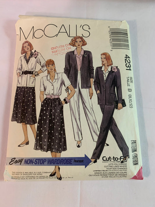 McCall's Sewing Pattern 4231 Misses' Unlined Jacket, Shirt, Skirt, Pants, Long/Short Sleeves, Size 8-12, Uncut, Vintage 1989
