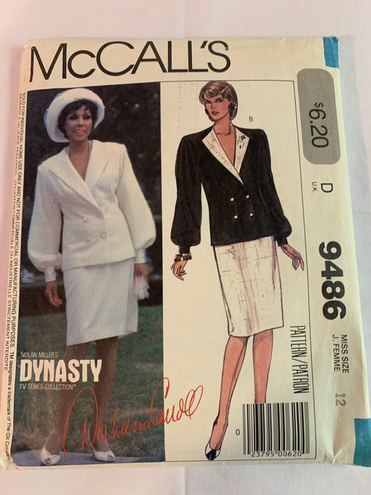 McCall's Diahann Carroll Sewing Pattern 9486 Misses' Jacket, Skirt, Lined, Double Breasted, Shoulder Pads, Pleats, Zipper Back, Size 12, Uncut, Vintage 1986
