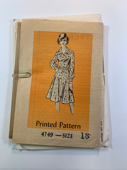 Mail Ordered Sewing Pattern 4749 Misses' Dress, Size 18, Uncut, Vintage 1979
