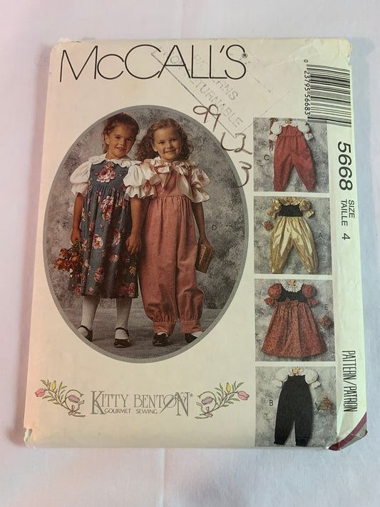 McCall's Kitty Benton Sewing Pattern 5668 Girls/Children's Jumpsuit, Jumper, Loose-Fitting, Short Sleeves, Blouse, Size 4, Uncut, Vintage 1991