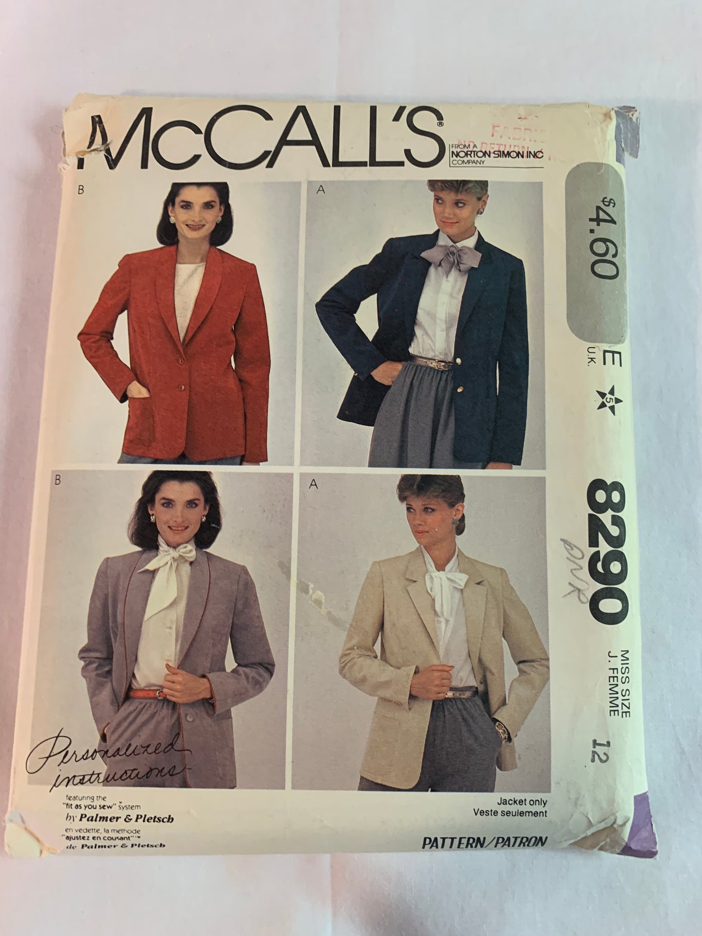 McCall's Sewing Pattern 8290 Misses' Lined Jacket, Long Sleeves, Shoulder Pads, Blouse, Semi-Fitted, Shawl Collar, Size 12, Uncut, Vintage 1982