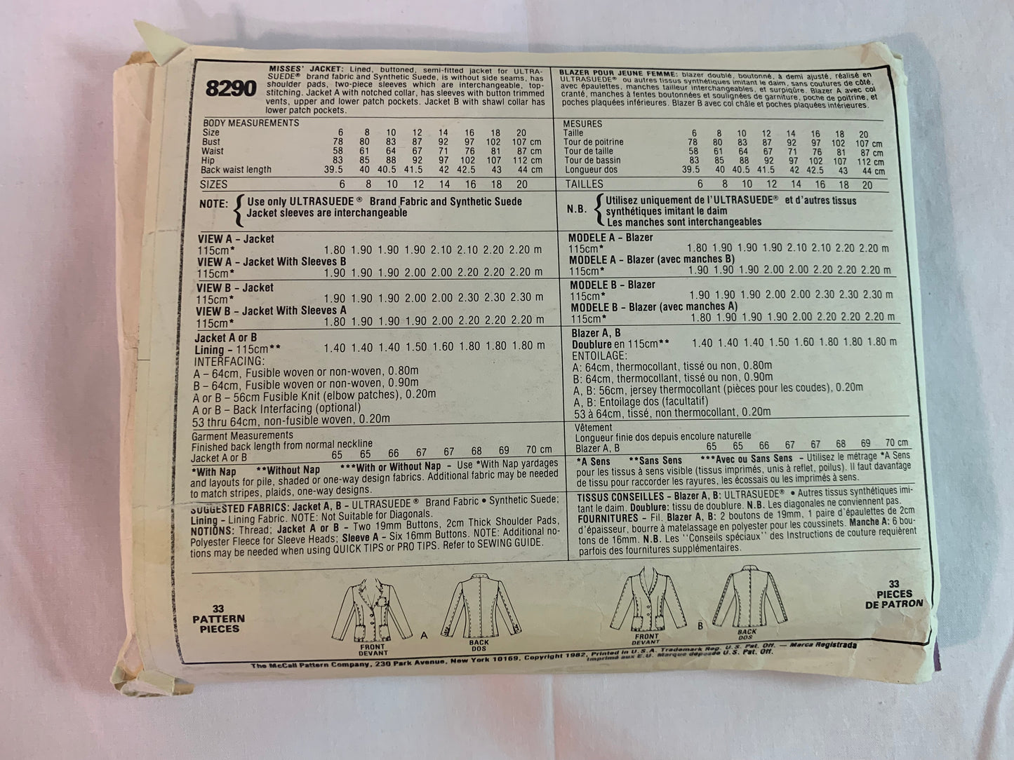 McCall's Sewing Pattern 8290 Misses' Lined Jacket, Long Sleeves, Shoulder Pads, Blouse, Semi-Fitted, Shawl Collar, Size 12, Uncut, Vintage 1982