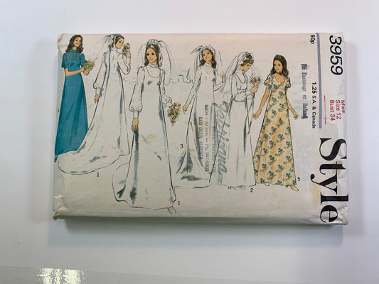 Style 3959 Misses' Lined Wedding, Bridesmaid Dresses, Size 12, Cut, Vintage 1972