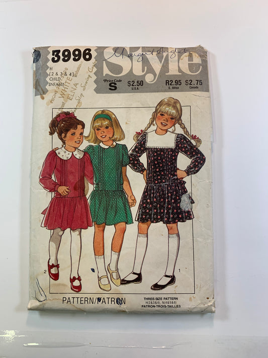 Style 3996 Girls' Dress, Size 2-4, Cut, Vintage 1983