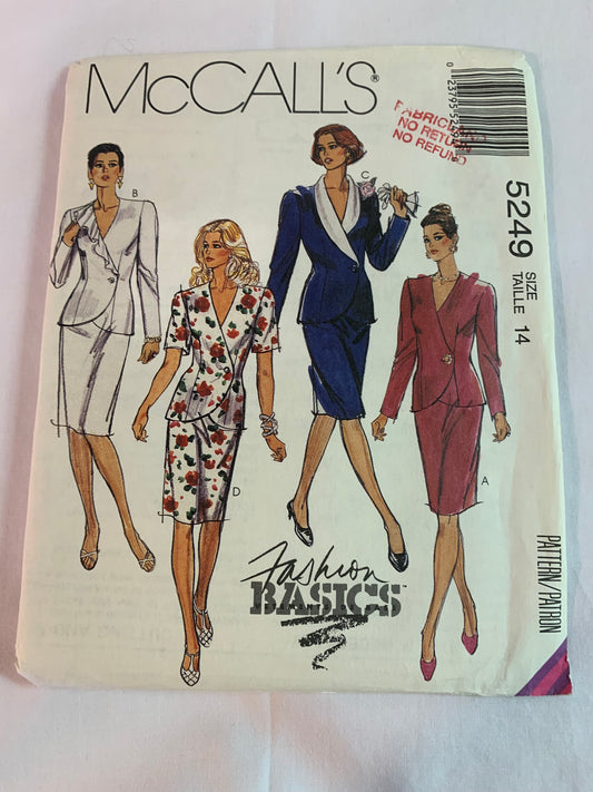 McCall's Sewing Pattern 5249 Misses' Two Piece Dress, Jacket, Skirt, Long/Short Raglan Sleeves, Shoulder Pads, Size 14, Uncut, Vintage 1991