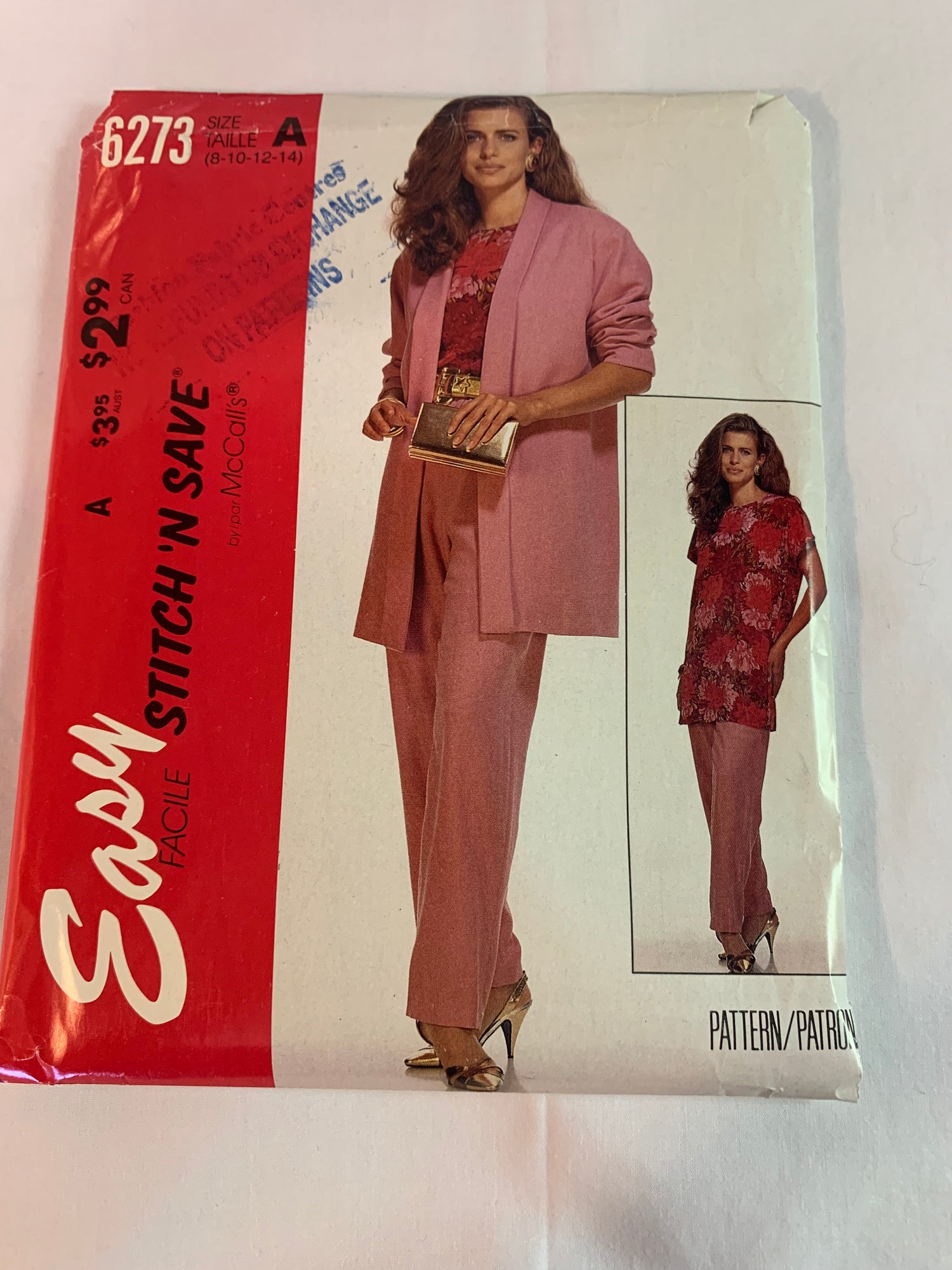 McCall's Sewing Pattern Stitch 'n Save 6273 Misses' Unlined Cardigan, Tunic, Pants, Loose-Fitting, Shoulder Pads, Pockets, Elastic Waist, Size 8-14, Uncut, Vintage 1992