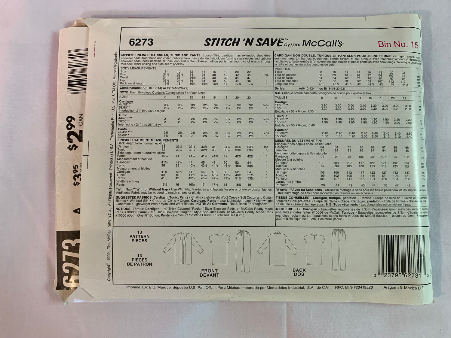 McCall's Sewing Pattern Stitch 'n Save 6273 Misses' Unlined Cardigan, Tunic, Pants, Loose-Fitting, Shoulder Pads, Pockets, Elastic Waist, Size 8-14, Uncut, Vintage 1992