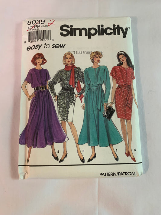 Simplicity Sewing Pattern 8039 Misses'/Miss Petite Dresses, Slim, Flared Skirt, Sash, Pullover, Pockets, Long Kimono Sleeves, Size 12-18, Uncut, Vintage 1996