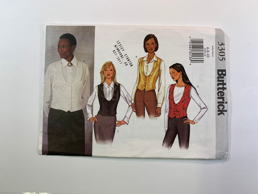 Butterick Sewing Pattern 3305, Misses' Vests, Fitted, Lined, Princess Seams, Lapels, Size 6-10, Uncut, 2001