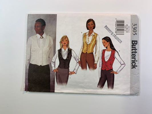 Butterick Sewing Pattern 3305, Misses' Vests, Fitted, Princess Seams, Lapels, Lined, Sleeveless, Button Front.Size 18-22, Uncut, 2001