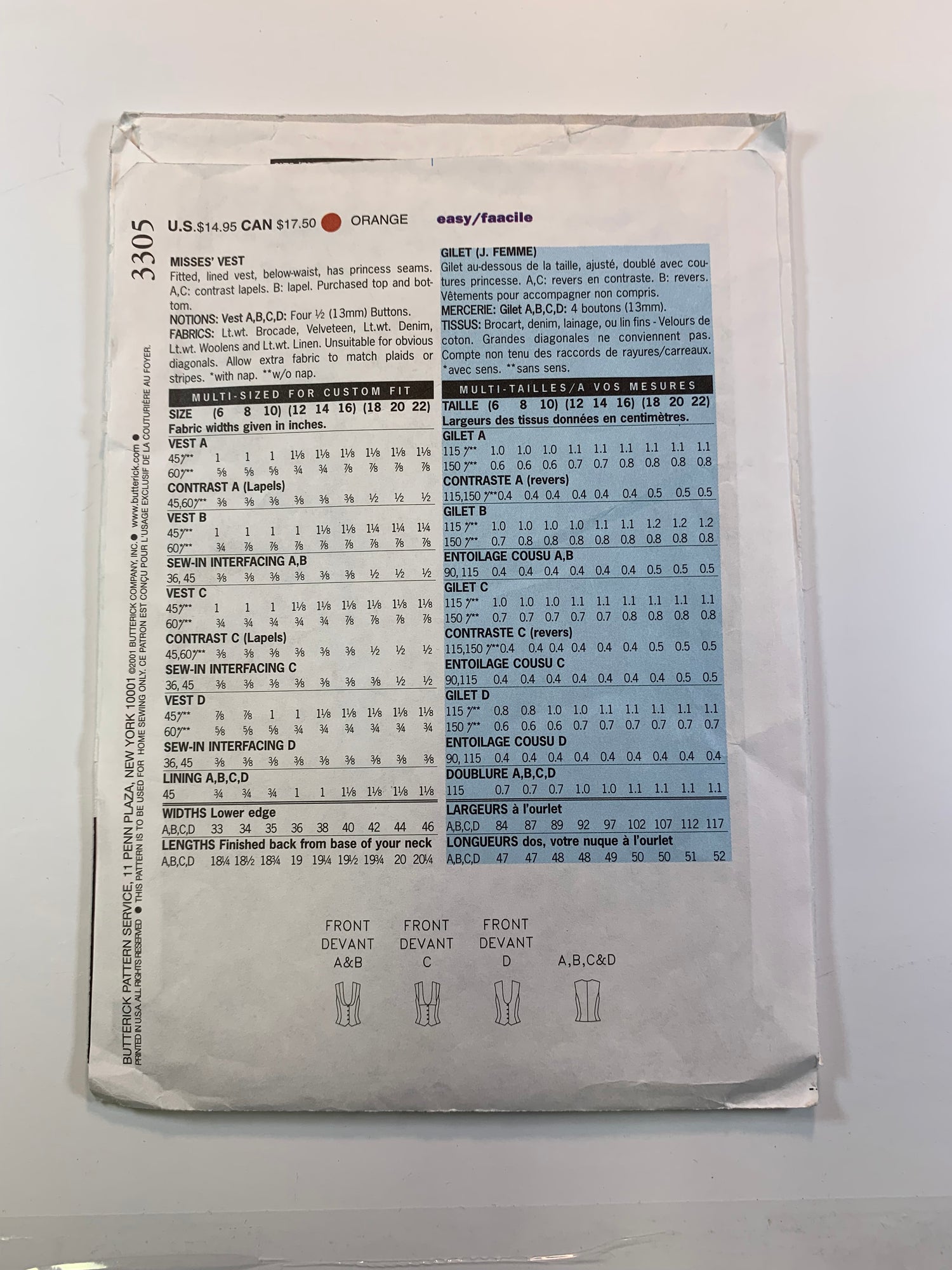 Butterick Sewing Pattern 3305, Misses' Vests, Fitted, Princess Seams, Lapels, Lined, Sleeveless, Button Front.Size 18-22, Uncut, 2001