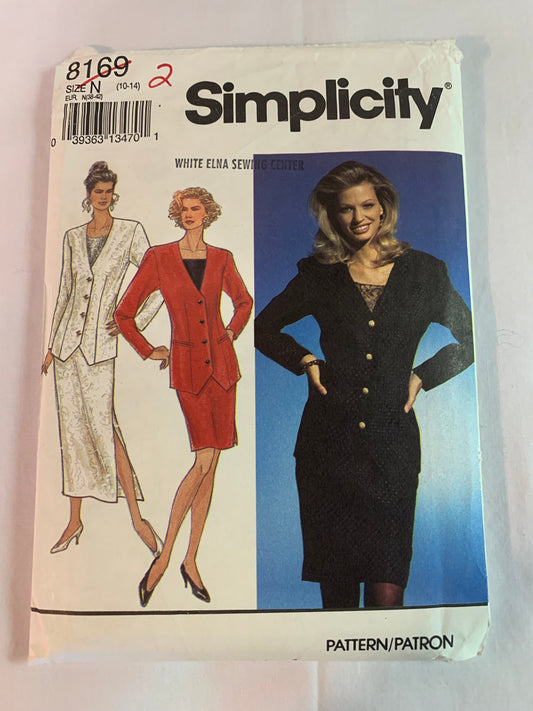 Simplicity Sewing Pattern 8169 Misses'/Miss Petite Skirt, Lined Jacket, Semi-Fitted, Side Zipper, Pocket, Long Sleeves, Size 10-14, Uncut, Vintage 1992