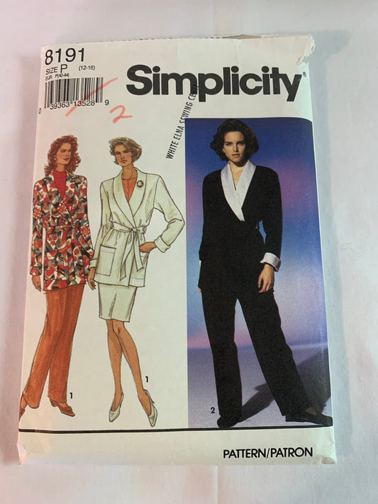 Simplicity Sewing Pattern 8191 Misses' Skirt, Pants, Unlined Jacket, Pleats, Loose-Fitting, Shawl Collar, Tie Belt, Slit, Size 12-16, Uncut, Vintage 1992