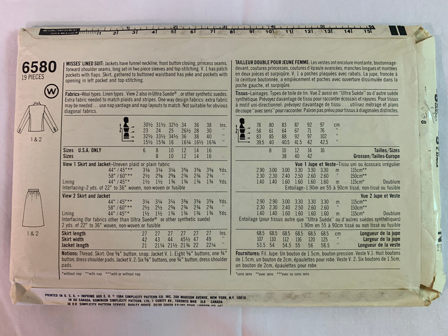 Simplicity Sewing Pattern 6580 Misses' Lined Suit, Jacket, Skirt, Princess Seams, Pockets, Size 12, Uncut, Vintage 1984