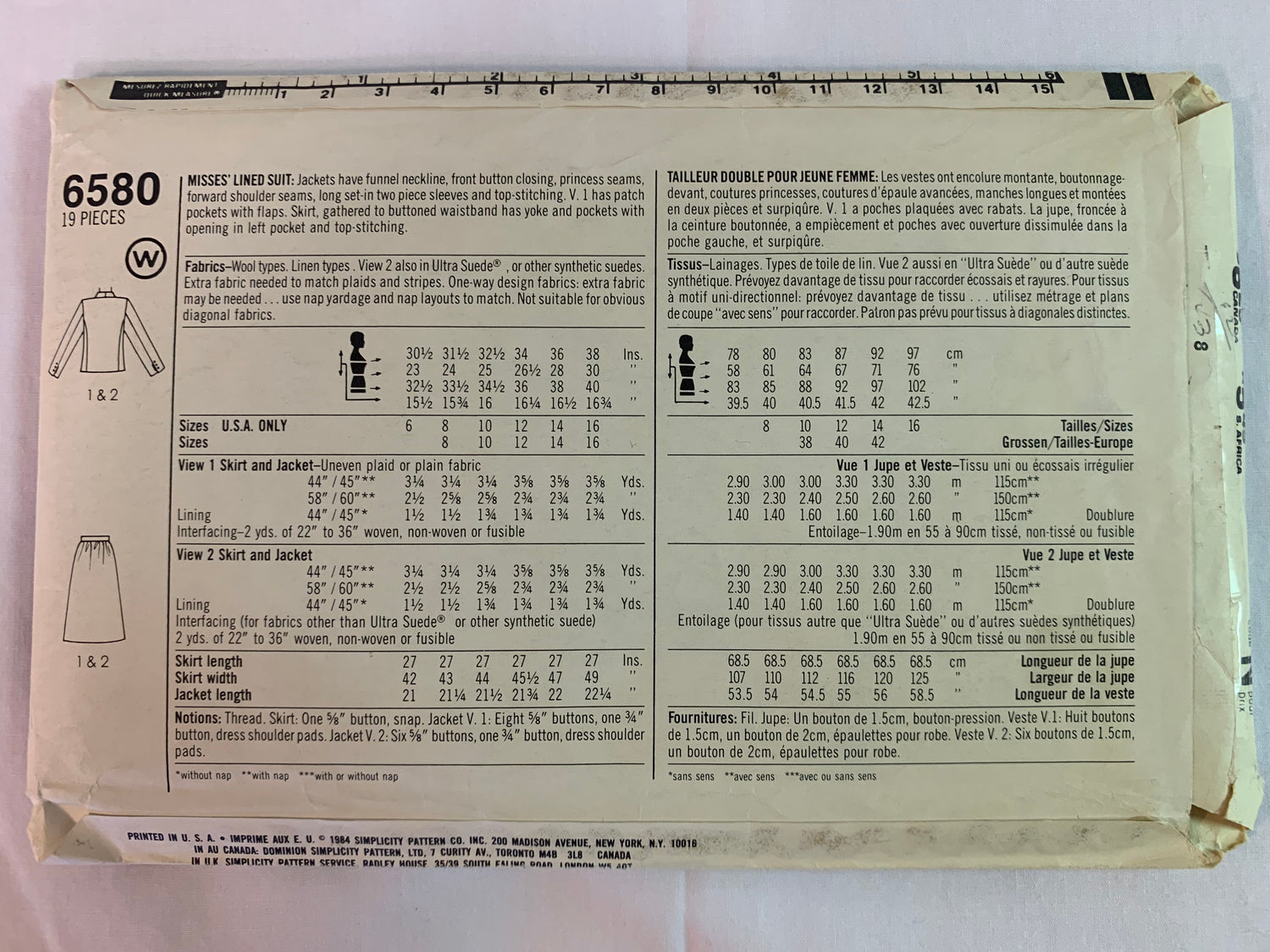 Simplicity Sewing Pattern 6580 Misses' Lined Suit, Jacket, Skirt, Princess Seams, Pockets, Size 12, Uncut, Vintage 1984