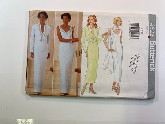 Butterick Sewing Pattern 4822 Misses' Jacket, Semi-Fitted, Lined, Shoulder Pads, Long Sleeves, Sleeveless, Tapered Size 6-10, Uncut, Vintage 1997