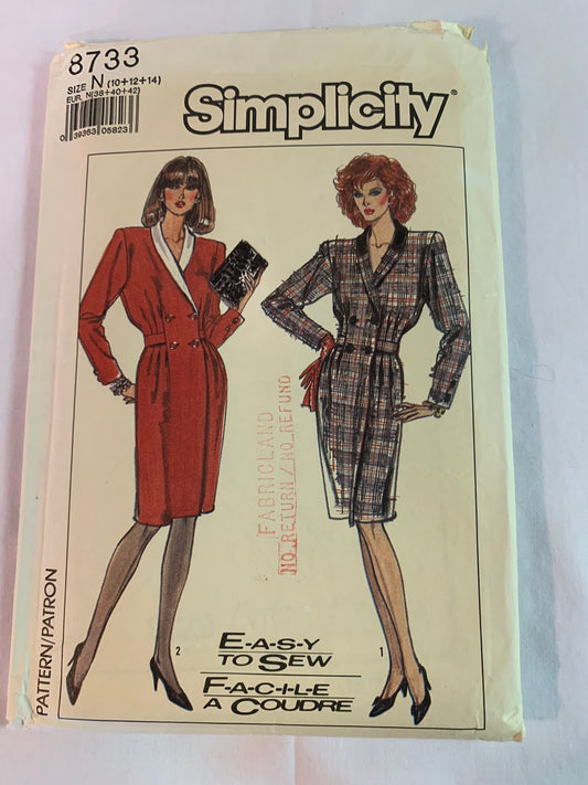 Simplicity Sewing Pattern 8733 Misses' Doube-Breasted Dress, Shawl Collar, Ties, Long Sleeves, Size 10-14, Uncut, Vintage 1989