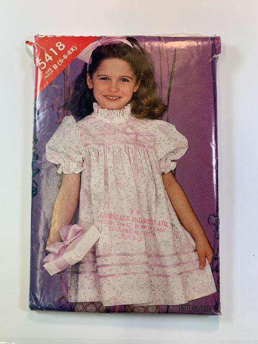 Butterick 5418 Girls' Dress, Size 5-6x, Cut, Vintage 1985