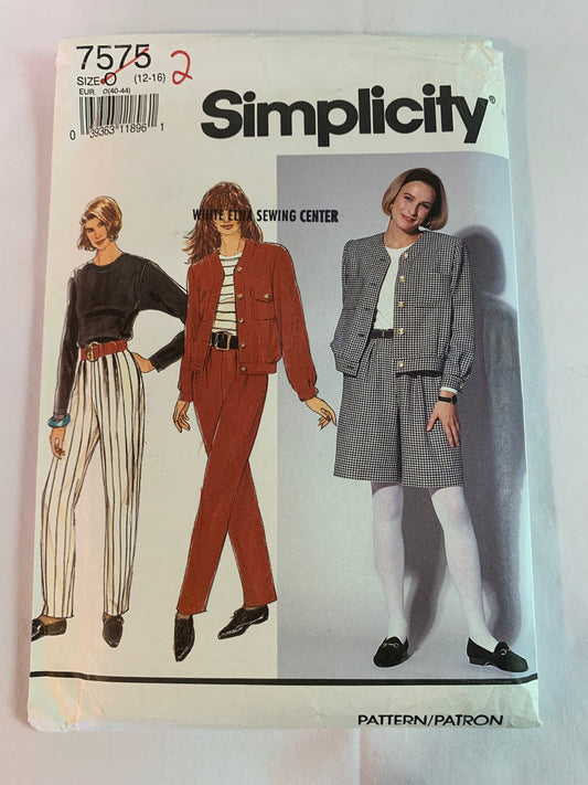 Simplicity Sewing Pattern 7575 Misses' Tops, Pants Shorts, Unlined Jacket, Pleats, Pullover, Zipper Back, Pockets, Size 12-16, Uncut, Vintage 1991