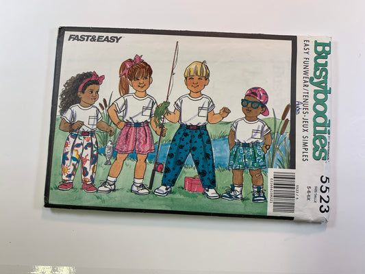 Butterick Busybodies Sewing Pattern 5523 Children's Top, Shorts, Pants, Wrap Waist, Loose-Fitting, Pullover, Pockets, Shorts, Pockets, Size 5-6X, Cut, Vintage 1991