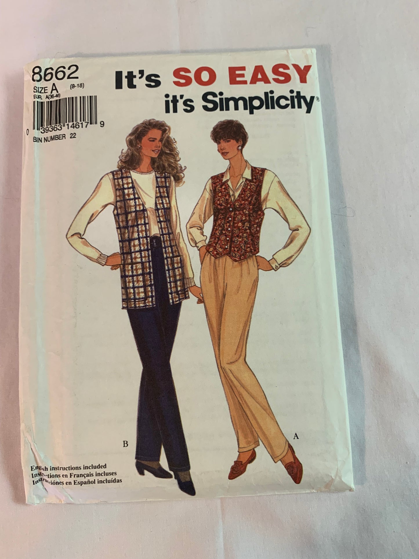 Simplicity Sewing Pattern 8662 Misses' Lined Vests, Pants, Elastic Waist, Pull-On Sleeveless, Tie Back, Size 8-18, Uncut, Vintage 1993