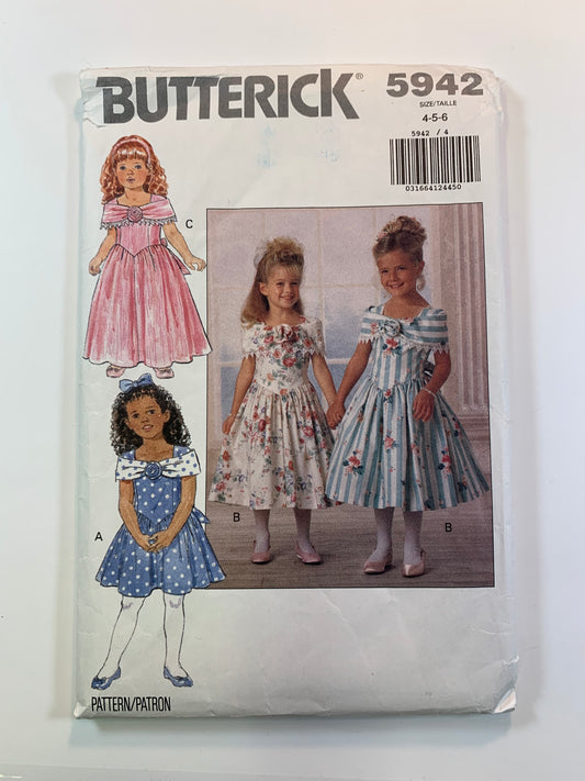 Butterick 5942 Girls' Dress, Size 4-5, Cut, Vintage 1992
